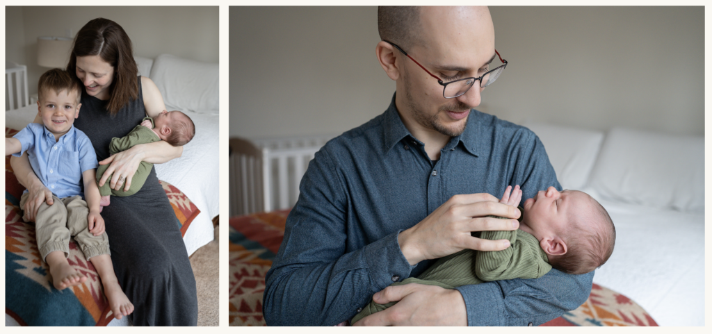 a collage of two photos. The photo on the left has a mother laughing with her two children. The photo on the right has the father holding his newborn and touching the baby's tiny fingers.